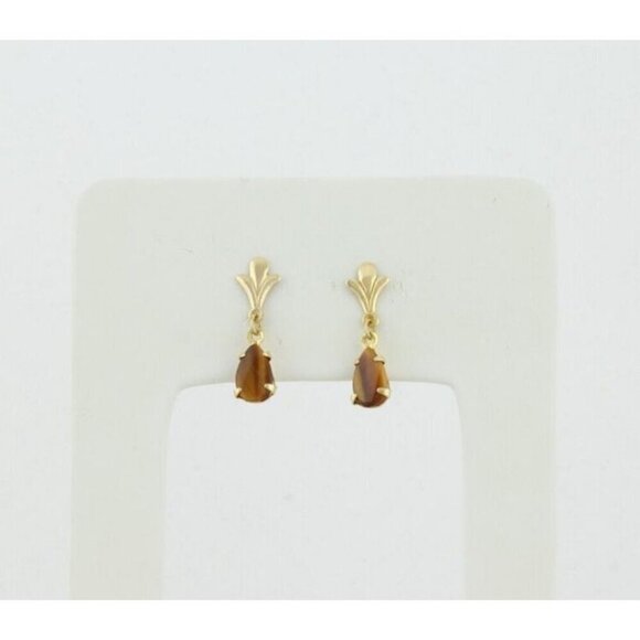 14k Yellow Gold Natural Tiger's Eye Earrings Dangle Drop - Picture 1 of 7